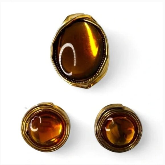 Vtg Amber Cabochon Brutalist Brooch & Clip Earrings Set - Attributed to Carnegie - Picture 14 of 15